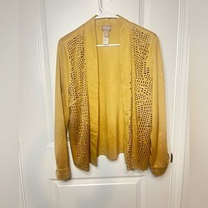 Chicos Faux Suede Laser Cut Open Front  Brown Jacket Size 1 Medium